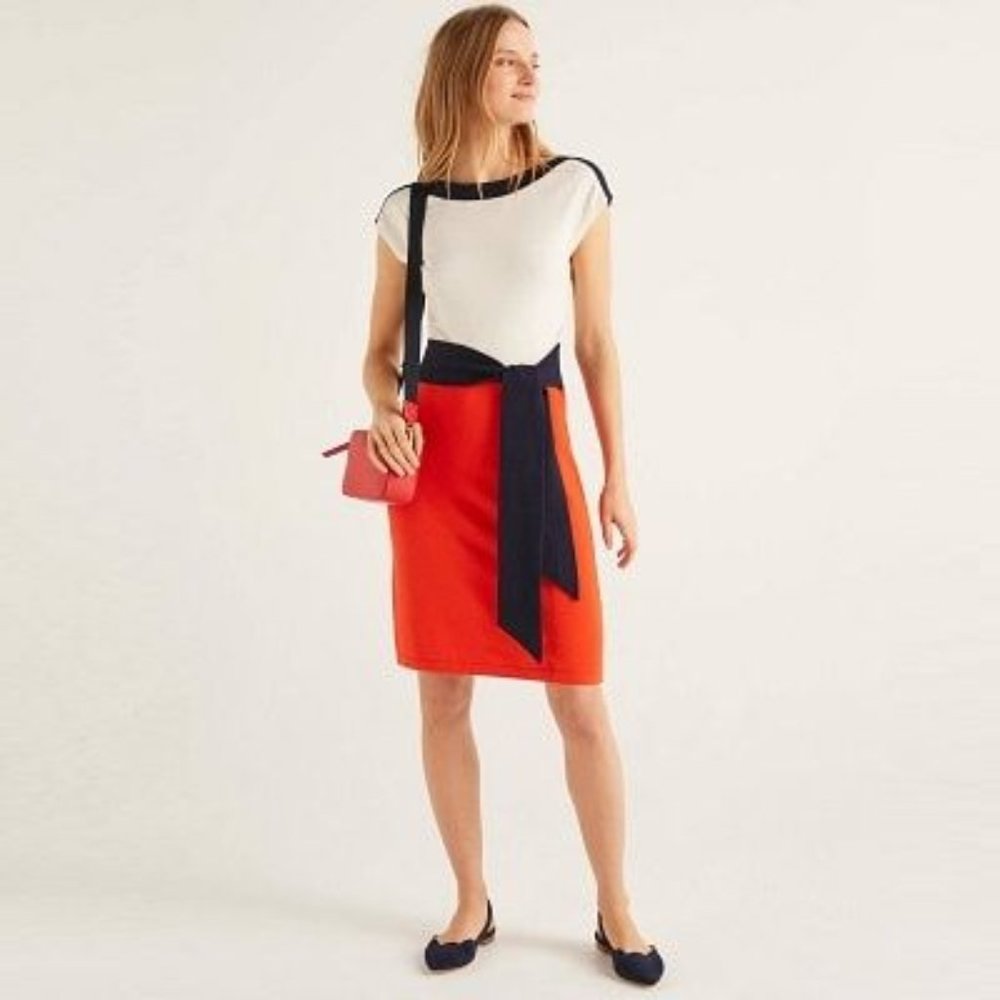 Boden Vera Sweater Shift Dress Colorblock Orange Navy White Size 4